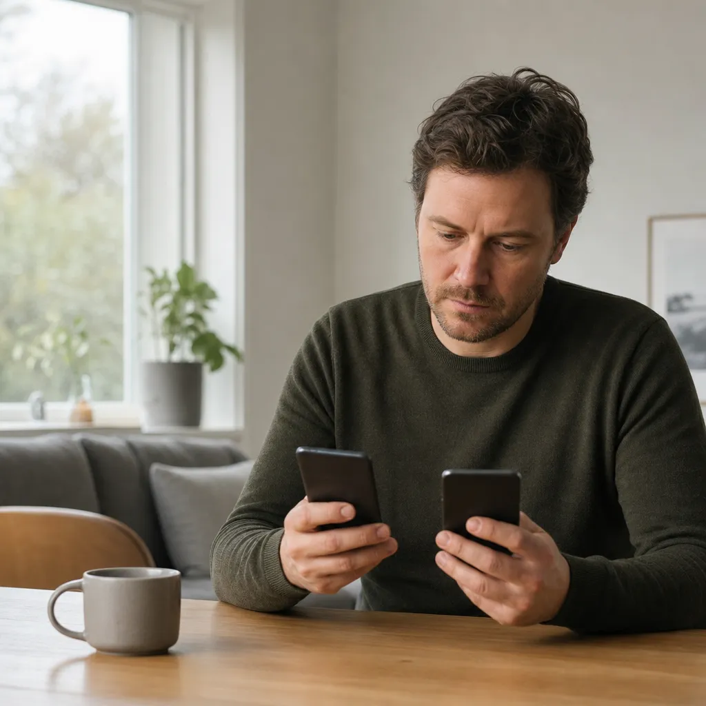 Person jämför två mobiltelefoner hemma
